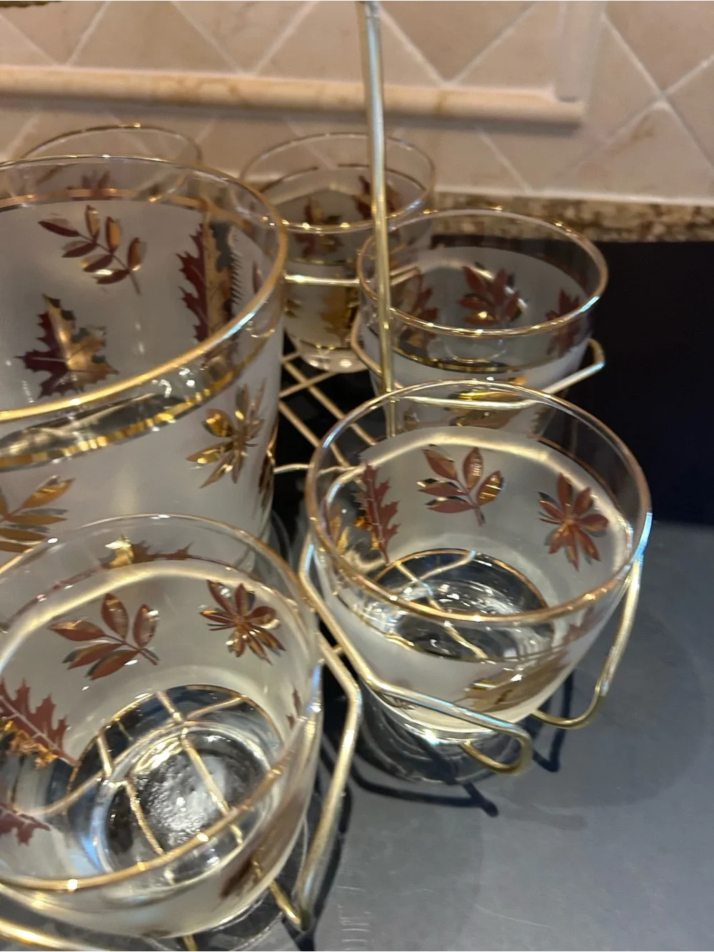 Vintage MCM Libbey Golden Foliage Set with 8 Glasses with Caddy & Ice Bucket.
